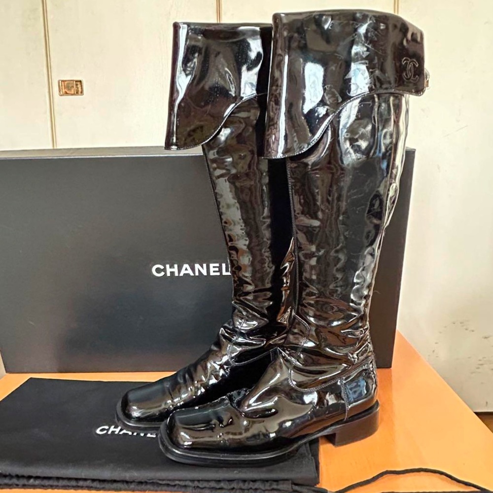 Vintage 2001 Chanel Karl Lagerfeld era Black Patent Leather Long Boots